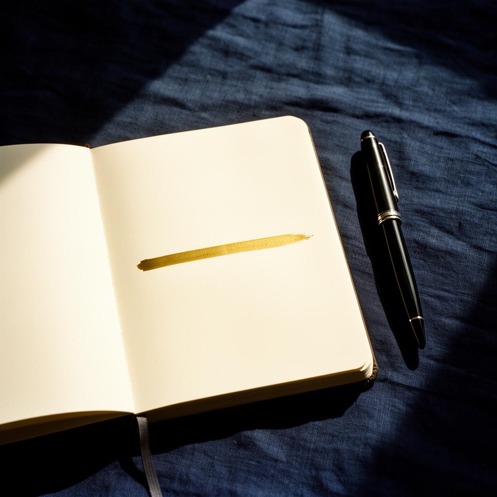 Cuaderno abierto con un trazo dorado sobre lino navy